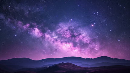 Obraz premium Fantastic night landscape with bright arched milky way, purple sky with stars, pink light and hills. Beautiful scene with universe. Galaxy and nature