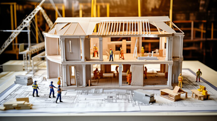 Architectural model and blueprints, detailed craftsmanship in building