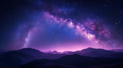 Fantastic night landscape with bright arched milky way, purple sky with stars, pink light and...