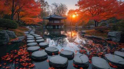 Autumn in Japanese garden fuji moutain background