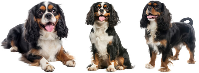 Happy black cavallier king charles spaniel bundle, lying, sitting and standing, isolated on a transparent background