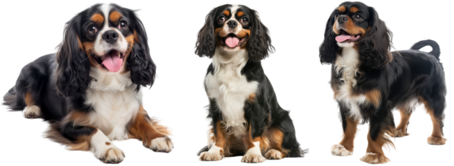 Happy black cavallier king charles spaniel bundle, lying, sitting and standing, isolated on a transparent background