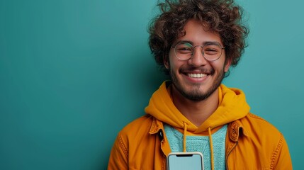 Young Latino Man Shows Modern Cell Phone With Empty Screen And Smiles On Blue Studio Background. He Recommends Dating App. Free Advertising and Collage Spaces.