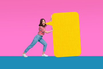 Fototapeta premium Collage creative poster image cheerful happy charm young woman push big block bubble mind text communication pink background
