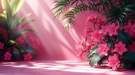 Color gradient studio background for product presentation. Empty room with shadows of window, flowers, palm leaves. Three-dimensional room with copy space. Summer concert. Blurred backdrop.