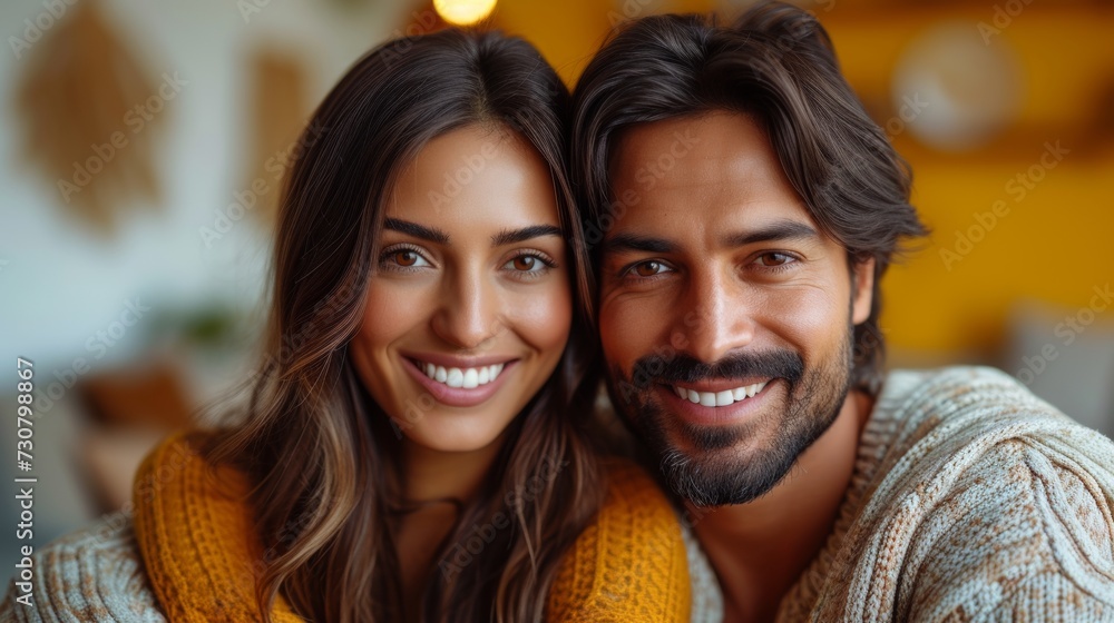 Poster an indian couple is posing over a yellow backdrop, sat in front of a large smartphone with a blank s