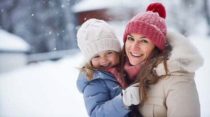 Smiling mother and daughter in snowy scene