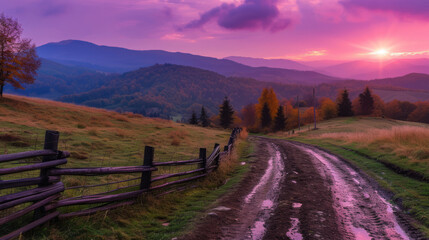 Rural dirt road, wooden fence, green hills in mountain valley at sunset in autumn. Landscape with country road, meadows, trees, purple sky with pink clouds at twilight - obrazy, fototapety, plakaty