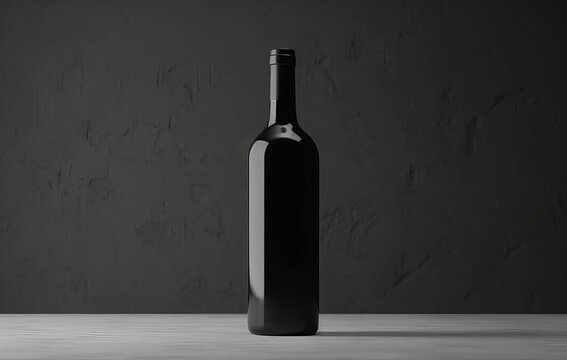 Black bottle of red wine, bordolese conical, still life on a white background