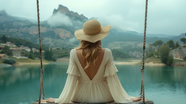 A brunette in a romantic dress wearing a sunhat sitting on a swing near a calm lake and, above a small town surrounded by a mountain range and a cloudy gray sky in riano in leon, Spain