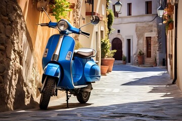 Picturesque view of a blue scooter parked on the narrow streets of a charming Italian town,...