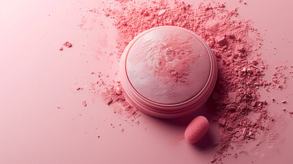 Obraz na płótnie Canvas a blank pink face powder box on a peach background, with a puff and a powder effect. 