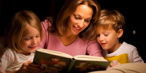 A single mother reading a bedtime story to her children, snuggled up in bed