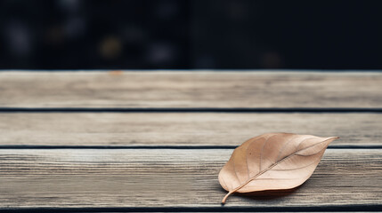 A small, solitary leaf on a vast, empty wooden background expressing solitude