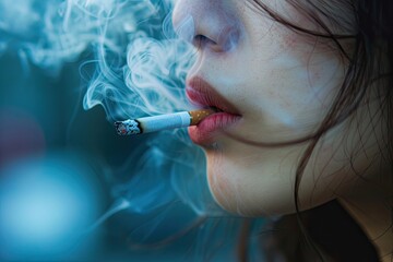 Fototapeta premium In a candid portrayal, a woman is seen smoking a cigarette, her expression conveying a mix of emotions, from defiance to introspection.
