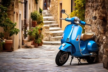 Fototapeta na wymiar Picturesque view of a blue scooter parked on the narrow streets of a charming Italian town, highlighting the unique character of the surroundings