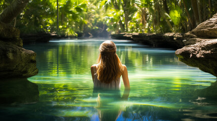 Ethereal teenage girl mirrored in pristine waters amidst vibrant tropical vegetation.