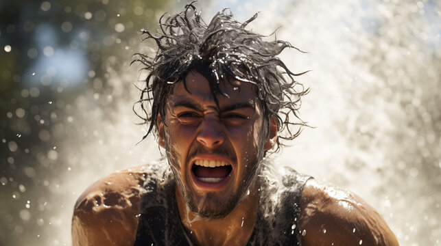An athlete's face being splashed with a jet of water during a challenging obstacle course race