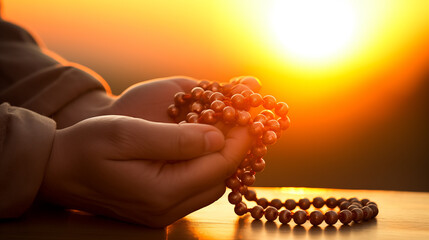 A tranquil scene capturing spiritual devotion with prayer beads as the sun sets.
