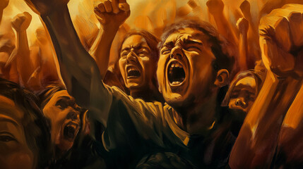 Close-up view of outraged crowd demanding justice.