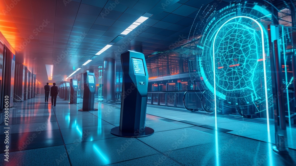 Poster biometric security check: futuristic access control at a secure facility at dawn