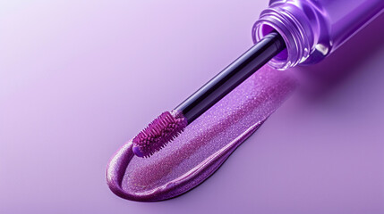 a blank purple lip gloss tube on a lavender background, with a doe foot applicator and a glossy shine. 