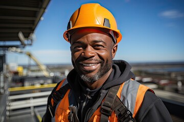 Construction Worker On Building Site Laying Slate Tiles. Portrait of an African American Roof construction worker working on a roof, adorned in safety gear and sky in the background