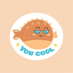 Sticker with text and pet of colorful set. This adorable illustration feature a lovable cartoon fish and the words 