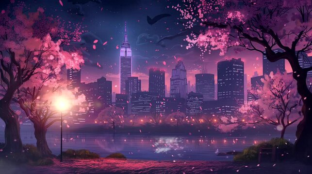 An enchanting cherry blossom grove during the peak of spring with city view. Fantasy landscape anime or cartoon style, seamless looping 4k time-lapse virtual video animation background
