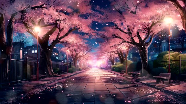 An enchanting cherry blossom grove during the peak of spring. Fantasy landscape anime or cartoon style, seamless looping 4k time-lapse virtual video animation background