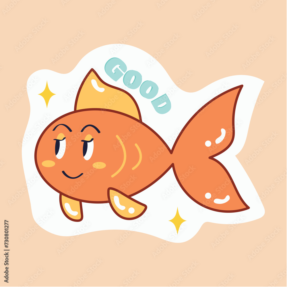 Fototapete Sticker with text and pet of colorful set. This charming image pairs a cute fish in a delightful cartoon design with the word 