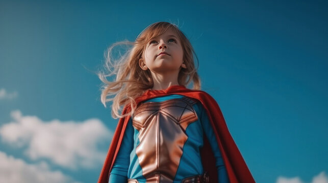 A cute little girl in superhero suit standing on blue sky background. Girl power, Dreaming of future.