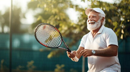 A happy senior man playing tennis as recreational activity after during their active retirement.