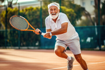 A happy senior man playing tennis as recreational activity after during their active retirement.