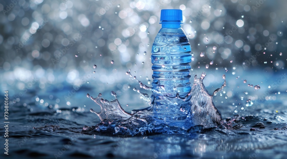 Poster the image features a bottle with a captivating water splash, creating a visually striking compositio