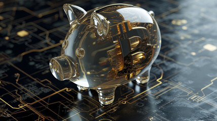 Piggy bank with Bitcoin symbol on a circuit board. The future of cryptocurrency investment, trading crypto and BTC halving concept