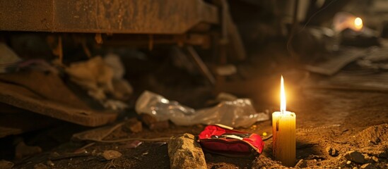 Candle with miner's belongings placed in vigil light after deadly mine accident. - obrazy, fototapety, plakaty