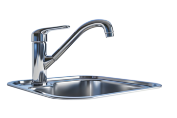 A practical stainless steel kitchen sink with a functional faucet. Isolated