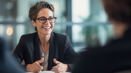 A middle aged professional business woman executive HR manager having job interview or business discussion in corporate office meeting. - obrazy, fototapety, plakaty