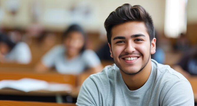 Smiling latino male college student sitting a classroom. Student study in class, with copy space.