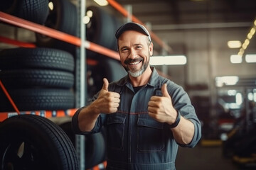 A smiling mechanic showing thumbs up with car tire in the car repair shop.