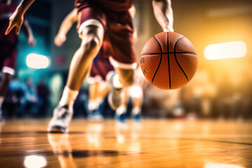 A young male basketball player dribbling the ball on basketball court in action. - Powered by Adobe