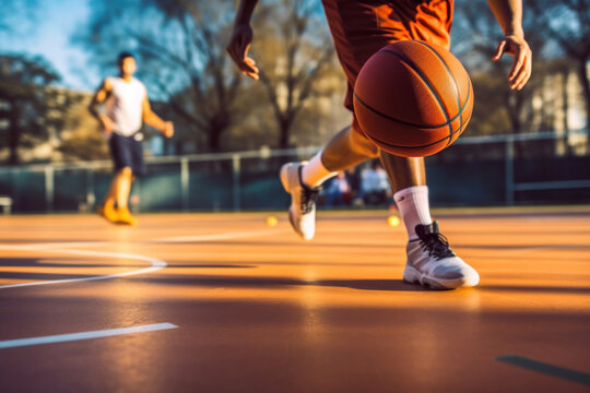 A young male basketball player dribbling the ball on basketball court in action.