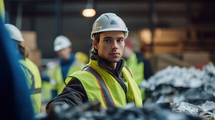 A young worker in protective vest and gloves holding cardboard while working with colleagues in garbage sorting center, Recycling concept.