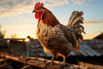 Rooster crowing on top of a roof at dawn. Morning concept, rise and shine - obrazy, fototapety, plakaty