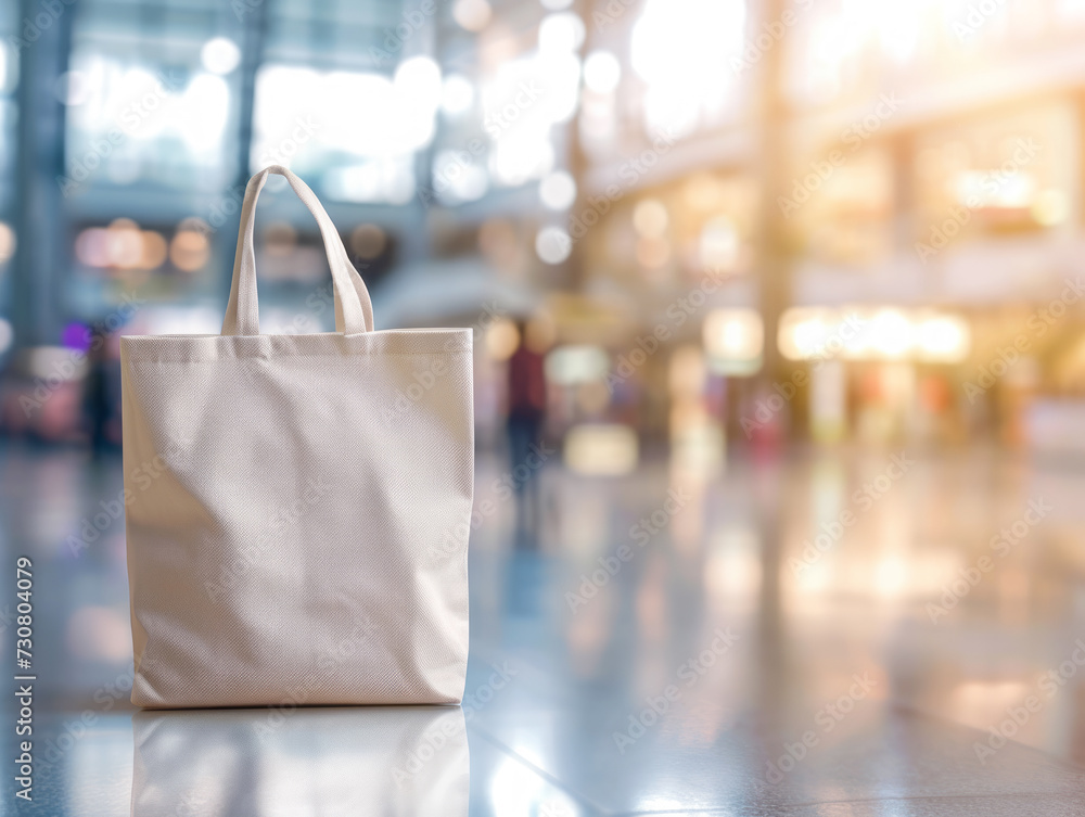Poster a blank bag with copy space is placed on a reflective surface in a shopping environment with blurry 