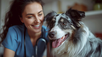 Beautiful female vet nurse doctor examining a cute happy border collie dog making medical tests in a veterinary clinic. animal pet health checkup, women and dog - obrazy, fototapety, plakaty