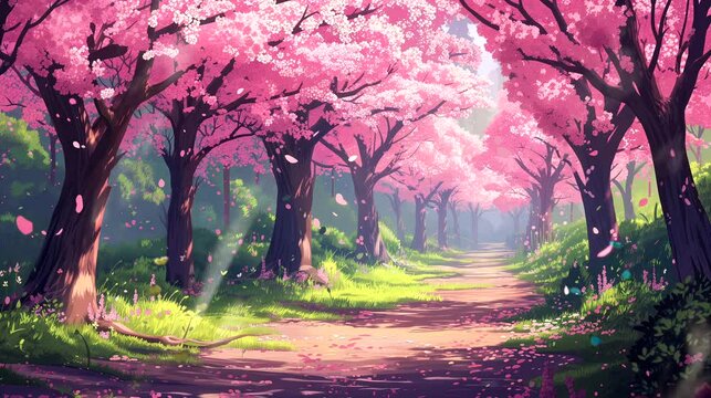 An enchanting cherry blossom grove during the peak of spring. Fantasy landscape anime or cartoon style, seamless looping 4k time-lapse virtual video animation background