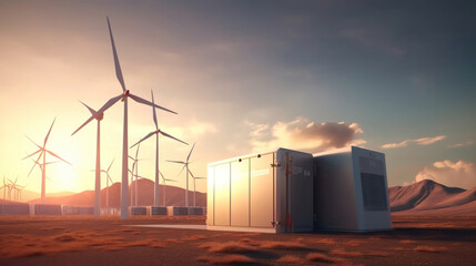 Battery energy storage system with wind turbines and solar.