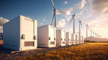 Battery energy storage system with wind turbines and solar.